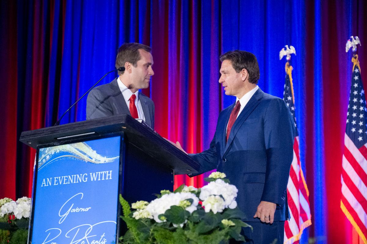 Alabama Republican Party Chairman John Wahl with Florida Governor Ron DeSantis at Hoover's Finley Center for the ALGOP 2023 Winter Dinner. (mandatory photo credit ALGOP/Michael Hopkins)