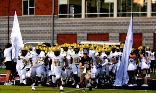 Oxford takes the field before the Yellow Jackets’ victory at Shades Valley on Friday. Oxford broke into the Alabama Sports Writers Association poll this week at No. 10 in Class 6A. (Photo by Mike Lett/Letsfocus.smugmug.com).